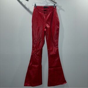 PrettyLittleThing Red Faux Leather Flare Pants Croc Embossed Size 2